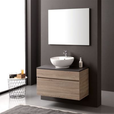 Meuble De Salle De Bain Suspendu De 90 Cm En Chêne Naturel, Avec Dessus Anthracite Et Lavabo Sur Pied Sole.