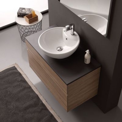 Meuble De Salle De Bain Suspendu De 90 Cm En Chêne Naturel, Avec Dessus Anthracite Et Lavabo Sur Pied Sole.