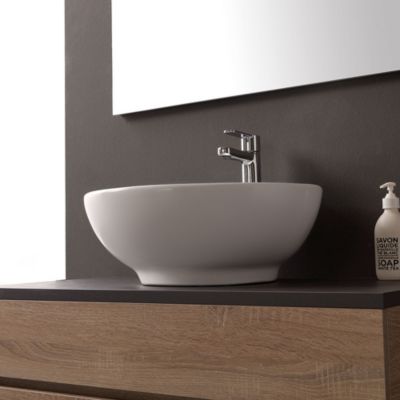 Meuble De Salle De Bain Suspendu De 90 Cm En Chêne Naturel, Avec Dessus Anthracite Et Lavabo Sur Pied Sole.