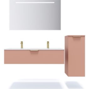 Meuble de salle de bain suspendu double vasque intégrée 120cm 1 tiroir Abricot + miroir + colonne ouverture droite - Venice