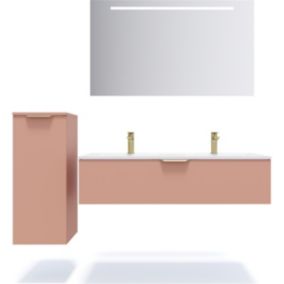 Meuble de salle de bain suspendu double vasque intégrée 120cm 1 tiroir Abricot + miroir + colonne ouverture gauche - Venice