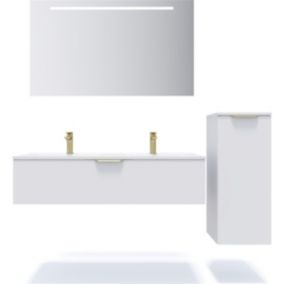 Meuble de salle de bain suspendu double vasque intégrée 120cm 1 tiroir Blanc + miroir + colonne ouverture droite - Venice