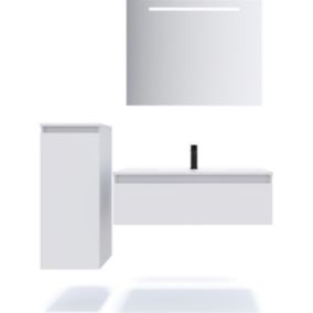 Meuble de salle de bain suspendu double vasque intégrée 120cm 1 tiroir Blanc + miroir + colonne ouverture gauche - Hudson