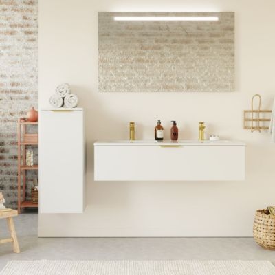 Meuble de salle de bain suspendu double vasque intégrée 120cm 1 tiroir Blanc + miroir - Venice