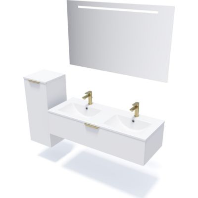 Meuble de salle de bain suspendu double vasque intégrée 120cm 1 tiroir Blanc + miroir - Venice