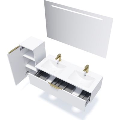 Meuble de salle de bain suspendu double vasque intégrée 120cm 1 tiroir Blanc + miroir - Venice