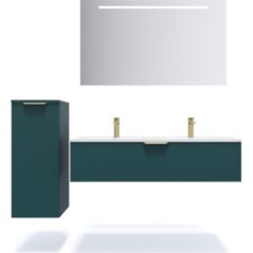 Meuble de salle de bain suspendu double vasque intégrée 120cm 1 tiroir Bleu + miroir + colonne ouverture gauche - Venice