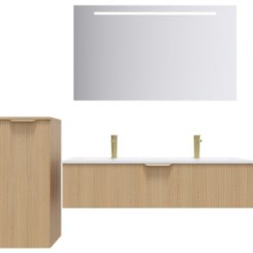 Meuble de salle de bain suspendu double vasque intégrée 120cm 1 tiroir Chêne cannelé + miroir +colonne ouverture gauche - Venice