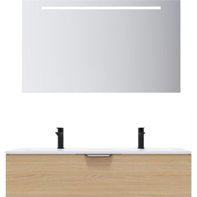 Meuble de salle de bain suspendu double vasque intégrée 120cm 1 tiroir Chêne clair + miroir - Venice