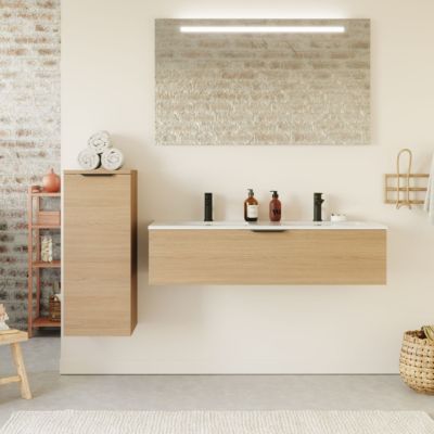 Meuble de salle de bain suspendu double vasque intégrée 120cm 1 tiroir Chêne clair + miroir - Venice