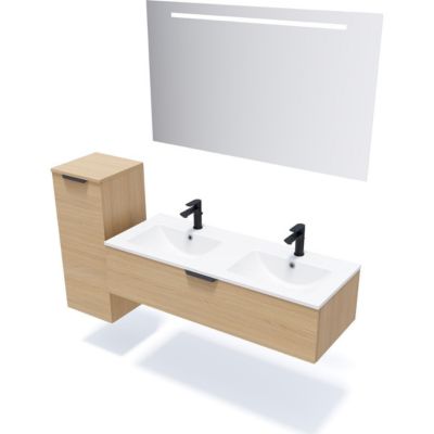 Meuble de salle de bain suspendu double vasque intégrée 120cm 1 tiroir Chêne clair + miroir - Venice