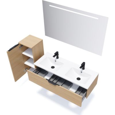 Meuble de salle de bain suspendu double vasque intégrée 120cm 1 tiroir Chêne clair + miroir - Venice
