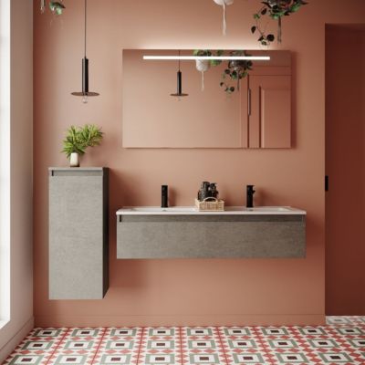 Meuble de salle de bain suspendu double vasque intégrée 120cm 1 tiroir façon Béton - Hudson
