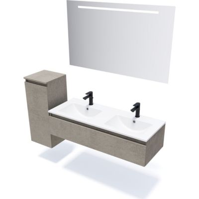 Meuble de salle de bain suspendu double vasque intégrée 120cm 1 tiroir façon Béton - Hudson
