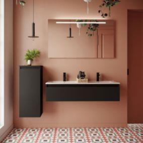 Meuble de salle de bain suspendu double vasque intégrée 120cm 1 tiroir Noir + miroir + colonne ouverture gauche - Hudson