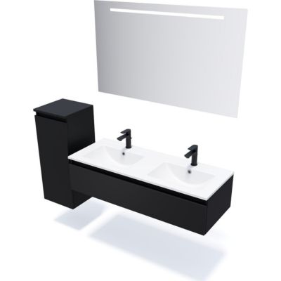 Meuble de salle de bain suspendu double vasque intégrée 120cm 1 tiroir Noir + miroir + colonne ouverture gauche - Hudson