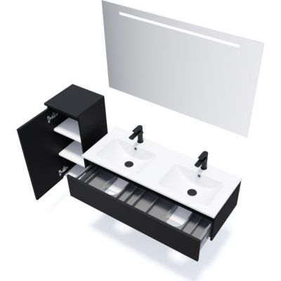 Meuble de salle de bain suspendu double vasque intégrée 120cm 1 tiroir Noir + miroir + colonne ouverture gauche - Hudson