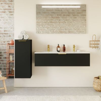 Meuble de salle de bain suspendu double vasque intégrée 120cm 1 tiroir Noir + miroir + colonne ouverture gauche - Venice