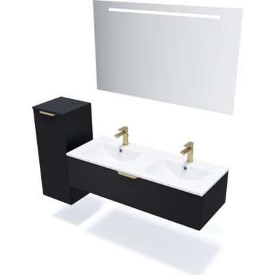Meuble de salle de bain suspendu double vasque intégrée 120cm 1 tiroir Noir + miroir + colonne ouverture gauche - Venice