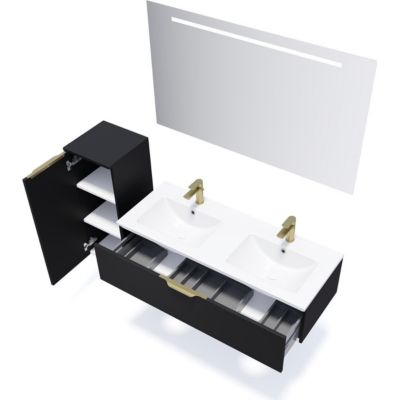 Meuble de salle de bain suspendu double vasque intégrée 120cm 1 tiroir Noir + miroir + colonne ouverture gauche - Venice