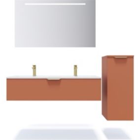 Meuble de salle de bain suspendu double vasque intégrée 120cm 1 tiroir Terracotta + miroir + colonne ouverture droite - Venice