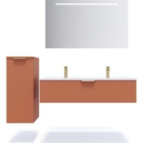 Meuble de salle de bain suspendu double vasque intégrée 120cm 1 tiroir Terracotta + miroir + colonne ouverture gauche - Venice