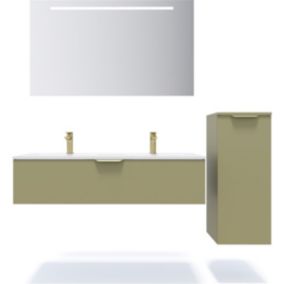 Meuble de salle de bain suspendu double vasque intégrée 120cm 1 tiroir Vert olive + miroir + colonne ouverture droite - Venice