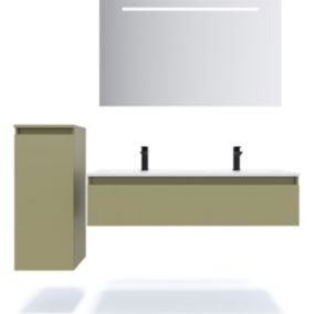 Meuble de salle de bain suspendu double vasque intégrée 120cm 1 tiroir Vert olive + miroir + colonne ouverture gauche - Hudson