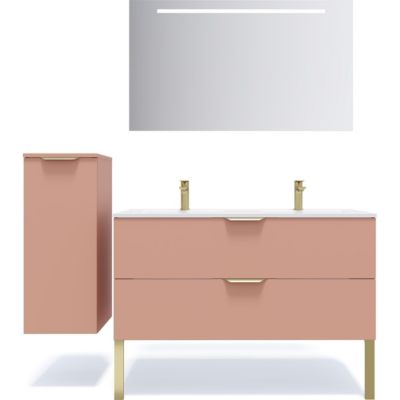 Meuble de salle de bain suspendu double vasque intégrée 120cm 2 tiroirs Abricot + miroir + colonne ouverture gauche - Venice