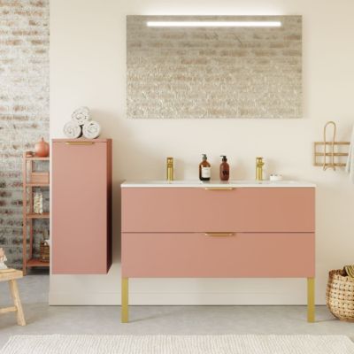 Meuble de salle de bain suspendu double vasque intégrée 120cm 2 tiroirs Abricot + miroir + colonne ouverture gauche - Venice