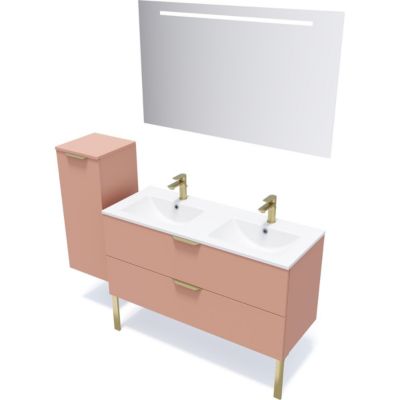 Meuble de salle de bain suspendu double vasque intégrée 120cm 2 tiroirs Abricot + miroir + colonne ouverture gauche - Venice