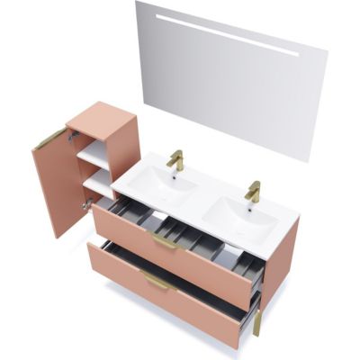 Meuble de salle de bain suspendu double vasque intégrée 120cm 2 tiroirs Abricot + miroir + colonne ouverture gauche - Venice