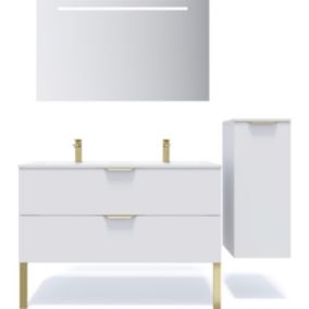 Meuble de salle de bain suspendu double vasque intégrée 120cm 2 tiroirs Blanc + miroir + colonne ouverture droite - Venice