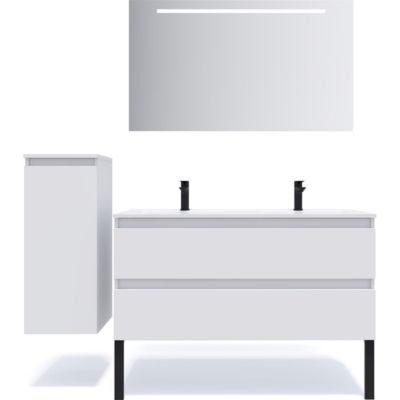 Meuble de salle de bain suspendu double vasque intégrée 120cm 2 tiroirs Blanc + miroir + colonne ouverture gauche - Hudson