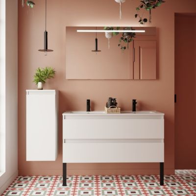 Meuble de salle de bain suspendu double vasque intégrée 120cm 2 tiroirs Blanc + miroir + colonne ouverture gauche - Hudson