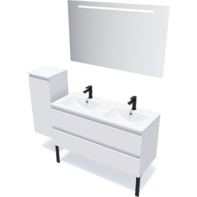 Meuble de salle de bain suspendu double vasque intégrée 120cm 2 tiroirs Blanc + miroir + colonne ouverture gauche - Hudson