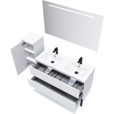 Meuble de salle de bain suspendu double vasque intégrée 120cm 2 tiroirs Blanc + miroir + colonne ouverture gauche - Hudson