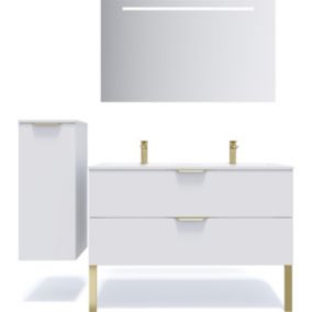 Meuble de salle de bain suspendu double vasque intégrée 120cm 2 tiroirs Blanc + miroir + colonne ouverture gauche - Venice