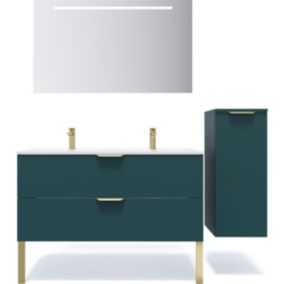 Meuble de salle de bain suspendu double vasque intégrée 120cm 2 tiroirs Bleu + miroir + colonne ouverture droite - Venice