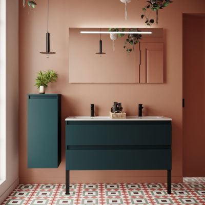 Meuble de salle de bain suspendu double vasque intégrée 120cm 2 tiroirs Bleu + miroir + colonne ouverture gauche - Hudson