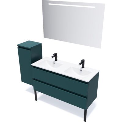 Meuble de salle de bain suspendu double vasque intégrée 120cm 2 tiroirs Bleu + miroir + colonne ouverture gauche - Hudson