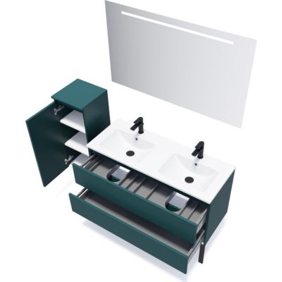 Meuble de salle de bain suspendu double vasque intégrée 120cm 2 tiroirs Bleu + miroir + colonne ouverture gauche - Hudson
