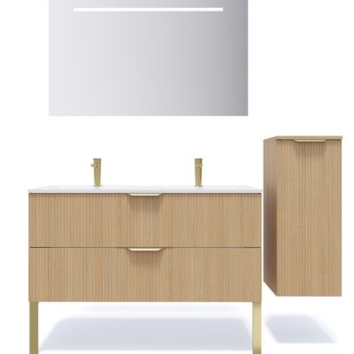 Meuble de salle de bain suspendu double vasque intégrée 120cm 2 tiroirs Chêne cannelé +miroir +colonne ouverture droite - Venice