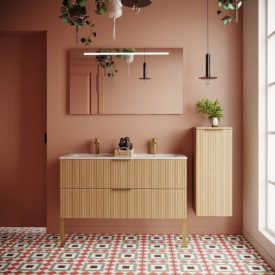 Meuble de salle de bain suspendu double vasque intégrée 120cm 2 tiroirs Chêne cannelé +miroir +colonne ouverture droite - Venice