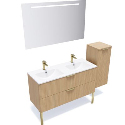 Meuble de salle de bain suspendu double vasque intégrée 120cm 2 tiroirs Chêne cannelé +miroir +colonne ouverture droite - Venice