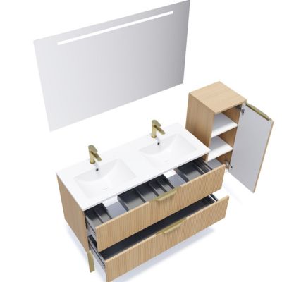 Meuble de salle de bain suspendu double vasque intégrée 120cm 2 tiroirs Chêne cannelé +miroir +colonne ouverture droite - Venice