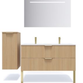 Meuble de salle de bain suspendu double vasque intégrée 120cm 2 tiroirs Chêne cannelé +miroir +colonne ouverture gauche - Venice