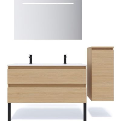 Meuble de salle de bain suspendu double vasque intégrée 120cm 2 tiroirs Chêne clair + miroir + colonne ouverture droite - Hudson