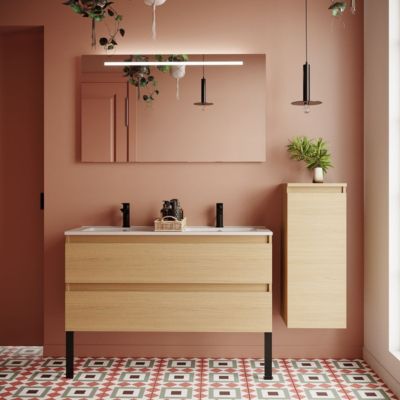 Meuble de salle de bain suspendu double vasque intégrée 120cm 2 tiroirs Chêne clair + miroir + colonne ouverture droite - Hudson