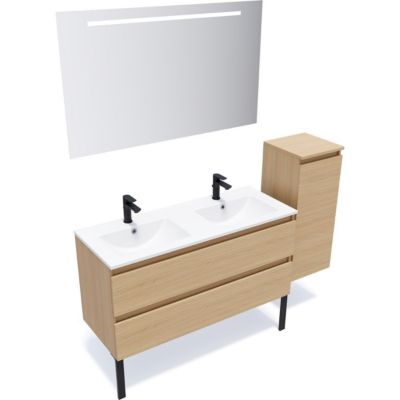 Meuble de salle de bain suspendu double vasque intégrée 120cm 2 tiroirs Chêne clair + miroir + colonne ouverture droite - Hudson